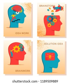 Modern cartoon flat characters brain neurology concept cards.Brain works, ideas work, brainstorm, solution idea represented by Flat style little people interacting w human head gears. light bulb thoughts.