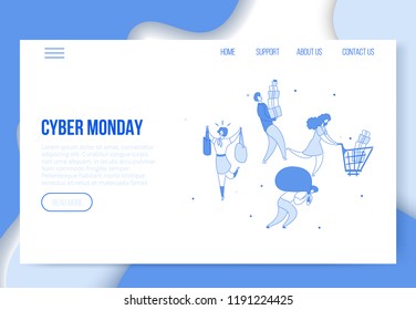 Personajes planos de dibujos animados modernos los clientes llevan las compras de ventas del lunes cibernético,plantilla de página de inicio concepto de compras en línea.Personas planas satisfechos clientes de clientes felices,buenas compras,listas para usar botones