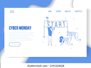 Modern cartoon flat characters customers ready to run for Cyber Monday sales purchases,landing page template web online shopping concept.Flat people buyers clients on start,ready to use buttons