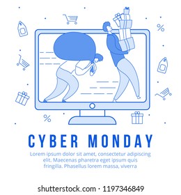 Modern cartoon flat characters customers carry Cyber Monday sale purchases,web online shopping concept.Flat people satisfied happy buyers clients,good buys.Gift box,percent,label,shop cart line icons