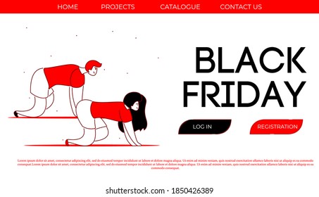 Modern cartoon flat characters customers ready to run for Black Friday sales purchases,landing page ui template web online shopping concept.Flat people buyers clients on start