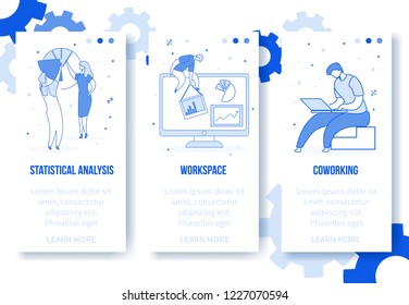 Modern cartoon flat characters digital marketing web online app screen concept blue banners.Little cartoon people working,moving,setting,making diagrams and graphs,man programming on laptop