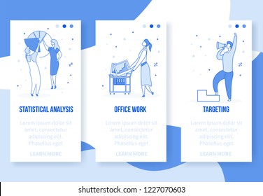 Modern cartoon flat characters digital marketing web online app screen concept banners.Little cartoon people working,moving,setting,making diagrams and graphs,man controlling process with speaker