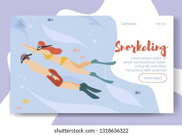 Modern cartoon flat characters doing modern sport activity, landing page banner web online concept of healthy lifestyle, ready to use design.Flat cartoon people snorkeling,diving,sporting underwater