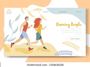 Modern cartoon flat characters doing modern sport activity, landing page banner web online concept of healthy lifestyle, ready to use design.Flat cartoon people training,running,smiling,exercising