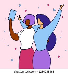 Modern cartoon flat characters express emotions on selfie camera,doing self photo on party,concert,music fest,hand drawn style.Flat small people,cartoon women happy raising hands,hugging,rejoice