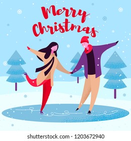 Modern cartoon flat characters family winter holidays,Merry christmas happy new year concept set.Flat small people happily celebrating holiday,dancing,ice skating in winter landscape,forest lake