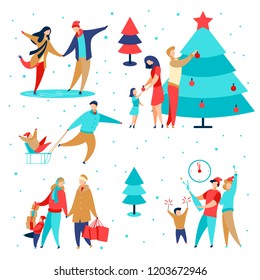 Modern cartoon flat characters family winter holidays,happy new year concept set.Flat small people happily decorating Christmas tree,celebrating holiday,shopping,carry gift boxes,ice skating,sledding