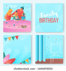 Modern cartoon flat characters, family celebrates birthday landing page,sales poster,banner flyer,web online concept of healthy lifestyle design.Flat cartoon family