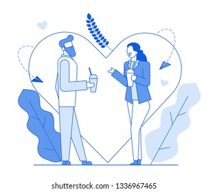 Modern cartoon flat characters line geometric people romantic talking,thin contour style illustration.Outline young people character dating,love conversation,happy romantic time together man and woman