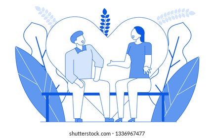 Modern cartoon flat characters line geometric people romantic talking,thin contour style illustration.Outline young people character dating,love conversation,happy romantic time together guy and girl