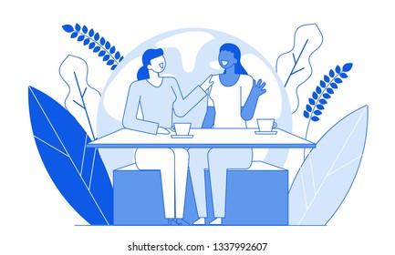 Modern cartoon flat characters line geometric people friends talking,conversation communication concept.Outline young character people friendly conversations emotionally,spend happy time together