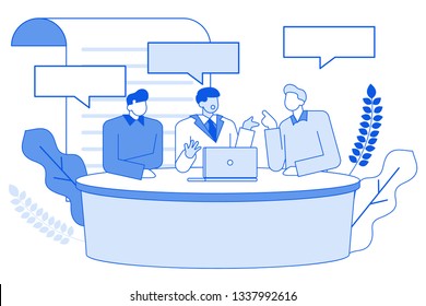 Modern cartoon flat characters line geometric people talking on sport,politic,economic tv talk show,discussion concept.Outline character people emotional conversation,discuss talk,problems discussion