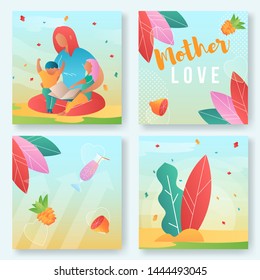Modern cartoon flat characters, mother with kids on the beach landing page,sales poster,banner flyer,web online concept of healthy lifestyle design.Flat cartoon family