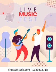 Modern cartoon flat characters musical band guitarist,singer on music fest,concert,open air,hand drawn flyer banner concept.Musicians with guitar,microphone playing music,jazz,rock,blues,rockabilly
