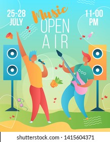 Modern cartoon flat characters musical band guitarist,singer-holiday open air,music fest,poster banner flyer summer design.Musicians with guitar,microphone playing music,jazz,rock,blues,rockabilly