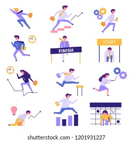 Modern cartoon flat characters running businessman businesswoman start-up,goal achievment business success concept.Geometric people flat-style working,run,jump obstacles,stair climbing icons web page