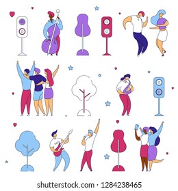 Modern cartoon flat characters set for jazz,rock music fest concept-singer,musicians,guitar,sax,drums,double bass,hand drawn style.Happy people dancing,rejoice,making selfie on musical festival party