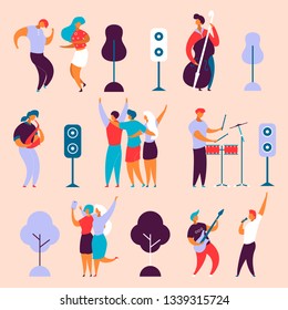 Modern cartoon flat characters set for jazz,rock music fest concept-singer,musicians,guitar,sax,drums,double bass,hand drawn style.Happy people dancing,rejoice,making selfie on musical festival party