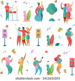 Modern cartoon flat characters set-holiday music fest,party,open air flyer banner poster elements,summer design concept.Singer,musicians,guitar,sax,drums,double bass,happy people dancing,making selfie