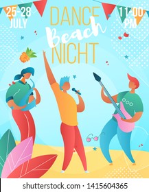 Modern cartoon flat characters,musical band guitarist,singer,saxophone player-holiday music fest,dance night,open air,poster banner flyer summer design concept.Musicians with guitar,sax playing music