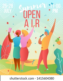 Modern cartoon flat characters,musical band singer,happy party people rejoice-holiday open air,music fest,concert banner flyer concept summer design.Man singing,girls making selfie
