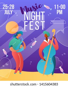 Modern cartoon flat characters,musical band saxophone and double bass players-holiday music night fest,open air,party flyer poster banner summer design.Musicians play music with instruments