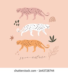 Modern cartoon flat leopards print. Tropical cats collage. Pop art style concept. Protect wild animals poster. Vector Illustration. Pastel colors clipart image