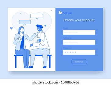 Modern cartoon flat people characters friend talking concept scene ready to use for mobile chat app,sign up,create account,internet page registration online form.Media social web network page concept