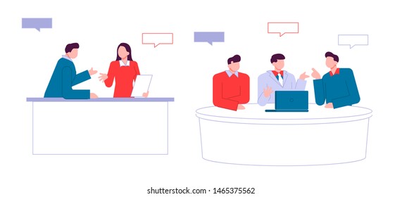 Modern cartoon flat people characters talking, colourful contour style. Colorful character people in conversation. Evening news.