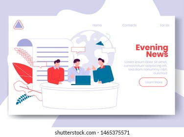 Modern cartoon flat people characters talking, colourful contour style. Colorful character people in conversation. Evening news on landing page banner web online concept,ready to use design
