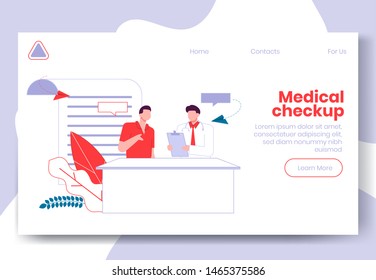 Modern cartoon flat people characters talking, colourful contour style. Colorful character people in conversation. Medical checkup on landing page banner web online concept,ready to use design