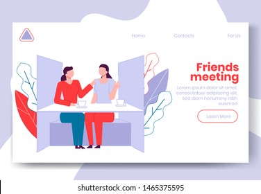 Modern cartoon flat people characters talking, colourful contour style. Colorful character people in conversation. Friendly conversation on landing page banner web online concept,ready to use design