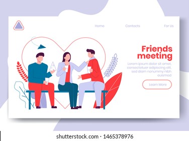 Modern cartoon flat people characters talking, colourful contour style. Colorful character  in conversation. Two boys and girl. Friendly conversation on landing page banner web online concept