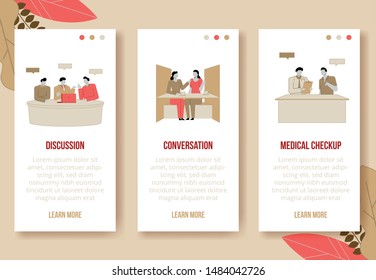 Modern cartoon flat people characters talking, colourful contour style,Vertical banners set. Colorful character people in conversation. Friendly talking,Business meeting