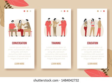Modern cartoon flat people characters talking, colourful contour style,Vertical banners set. Colorful character people in Friendly conversation talking.