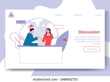 Modern cartoon flat people characters talking, colourful contour style. Colorful character people in conversation. Evening show on landing page banner web online concept,ready to use design