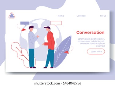 Modern cartoon flat people characters talking, colourful contour style. Colorful character people in conversation. Friendly conversation on landing page banner web online concept,ready to use design