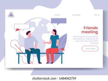 Modern cartoon flat people characters talking, colourful contour style. Colorful character people in conversation. Friendly conversation on landing page banner web online concept,ready to use design