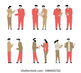 Modern cartoon flat people characters talking, colourful contour style set. Colorful character people in conversation. Business people.