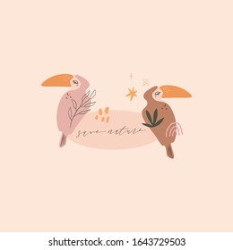 Modern cartoon flat toucans print. Tropical birds collage. Pop art style concept. Protect wild animals poster. Vector Illustration. Pastel colors clipart image