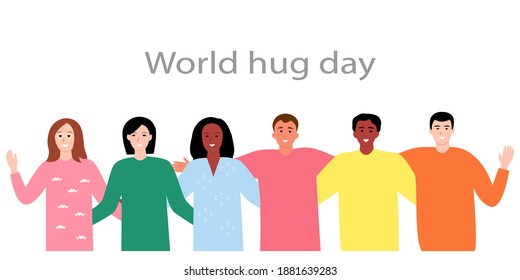 Modern cartoon greeting card with multiracial young people hugging over white background. Flat vector. Happy hug day! World communication concept. Modern men and women together. International friends