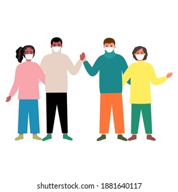 
Modern cartoon greeting card with multiracial masked kids hugging on a white background. Flat vector. Happy hug day! World communication concept. Boys and girls together. International friendship!