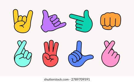 Modern Cartoon Hand Gesture Sticker Set with Bold Outline and Bright Colors
