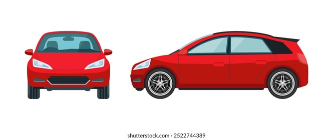 Modern Cartoon Hatchback Car Vector. Frontal, Front, and Side Views of a Stylish Sedan Vehicle in Red.