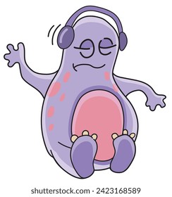 Modern cartoon illustration of a monster wearing headphones listening to music on a white background. Vector isolated illustration. Cute character