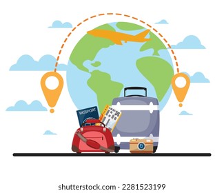 Modern cartoon illustration with travel items on cloudy background and flying airplane. Travel, vacation, destination concept illustration.