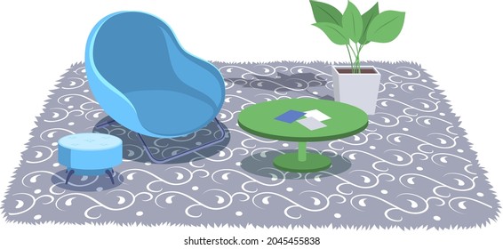 Modern Cartoon Living Room With Furniture, Carpet And Plants. Cozy Interior With Armchair And Table. Flat Empty Chair, Indoor Area Design. Modern Apartment Hall With Gray Textile Mat On Floor