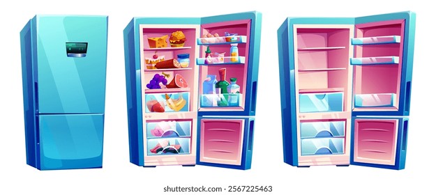 Modern cartoon refrigerator set - closed blue appliance, open unit stocked with groceries, empty shelves view. Kitchen equipment for game interface, mobile app graphics or digital cookbook design.