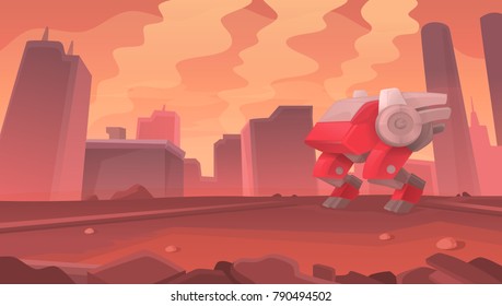 A modern cartoon robot against the ruined city in the smoke. Stones in the streets, ruined buildings.